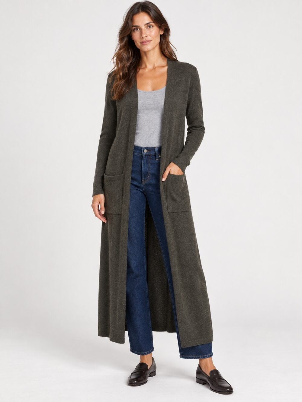 Theory Torina 100% Cashmere Long Open Front Cardigan olive Size S